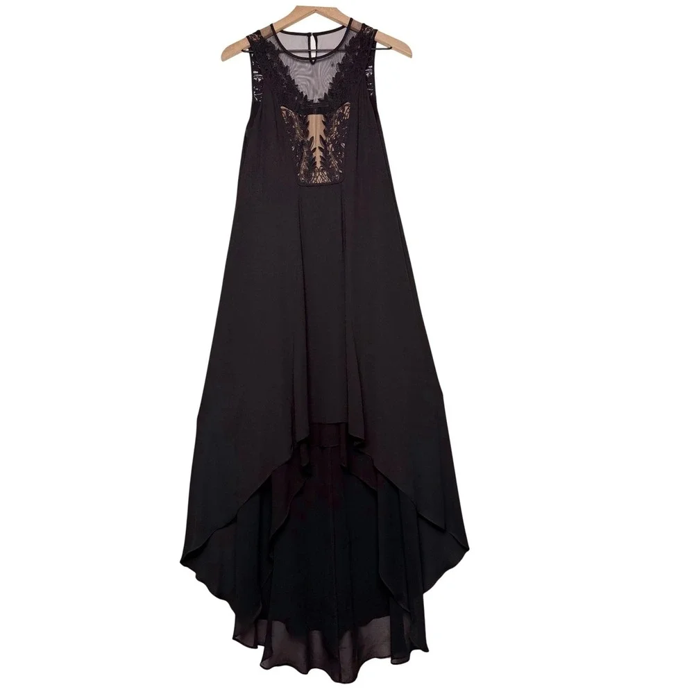 BCBGMAXAZRIA Black Lace High-Low Gown Sleeveless Formal Dress Size 0 - Picture 2 of 12